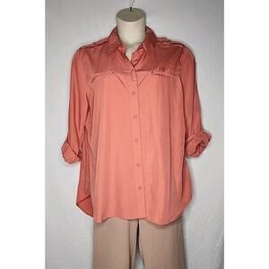 Chico's Button Up Blouse Woman Size XL/16 Coral Orange Roll Tab Sleeve